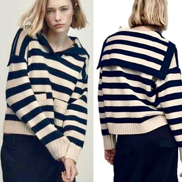 ZARA Sweater Striped Stripes Sailor Johnny Collar Navy Blue Ivory‎ Cream Size M - Picture 9 of 9